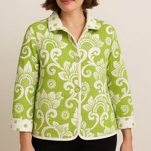 Patty Kim Quilted Jacket Size Large Green White Cotton Floral w/ Polka Dot Cuffs